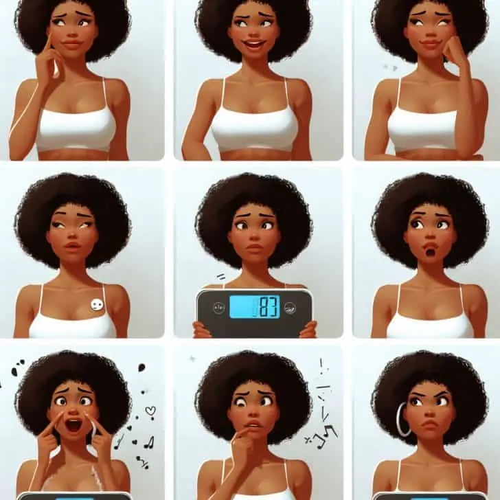 A collage of the same woman standing on a digital bathroom scale in different panels. Each panel shows her with a different facial expression 