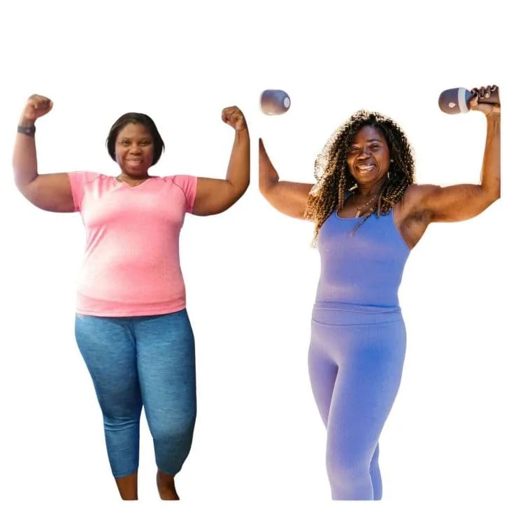 Before and after of an African American female in a pink top and purple workout outfit, respectively, looking directly at the camera, showcasing her weight loss journey.